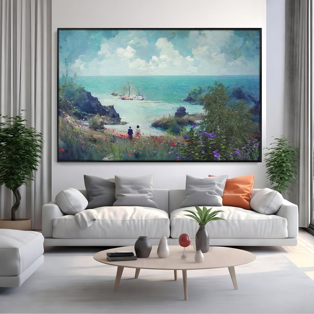 Tablou canvas cu pictura peisaj marin cu oameni si flori, in rama de aluminiu negru, pe perete intr-un living